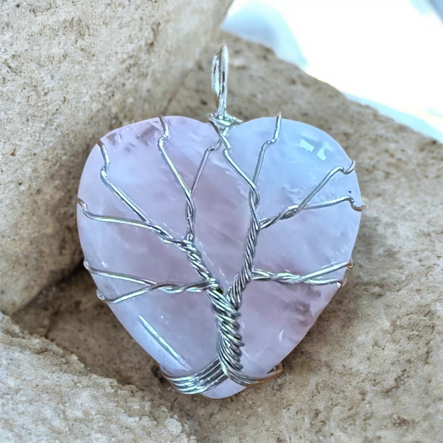 ROSENQUARZ Anhänger Herz in Draht silberfarben