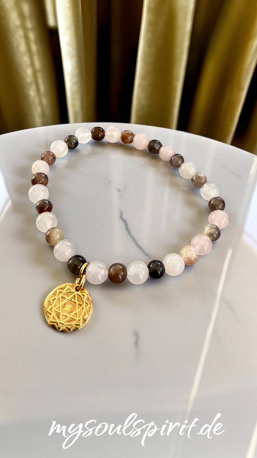 Armband Herz Chakra mit Rosenquarz und Mondstein Umfang 17 cm