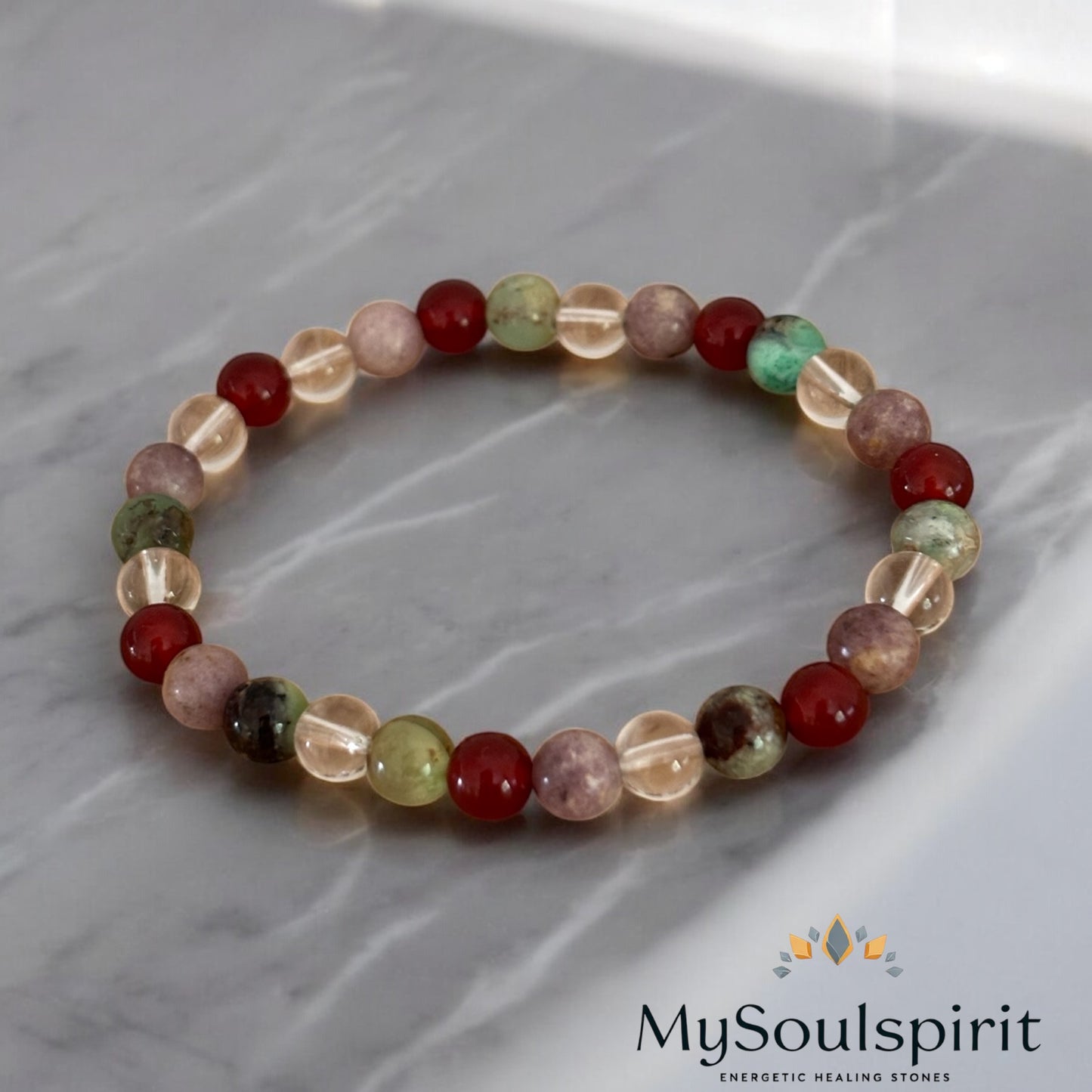 Armband „Kraft der Verarbeitung" Karneol, Chrysopras, Lepidolith & Bergkristall