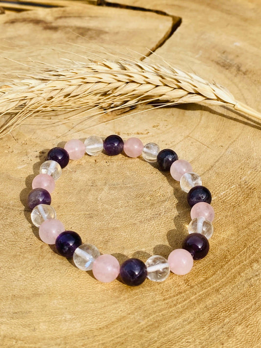 Armband Goldenes Dreieck - AMETHYST - BERGKRISTALL - ROSENQUARZ - 6 mm - Armband
