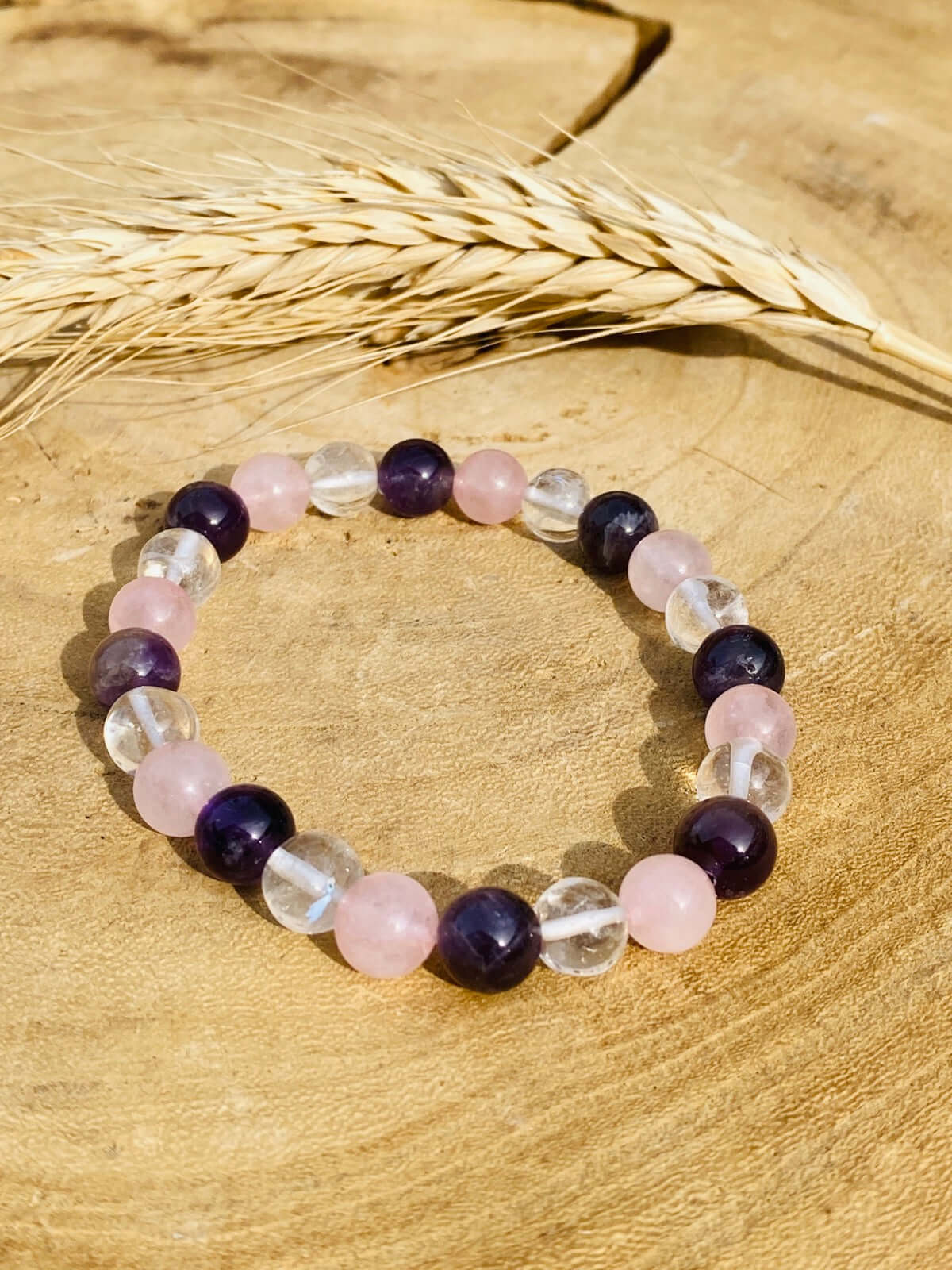 Armband Goldenes Dreieck - AMETHYST - BERGKRISTALL - ROSENQUARZ - 6 mm - Armband