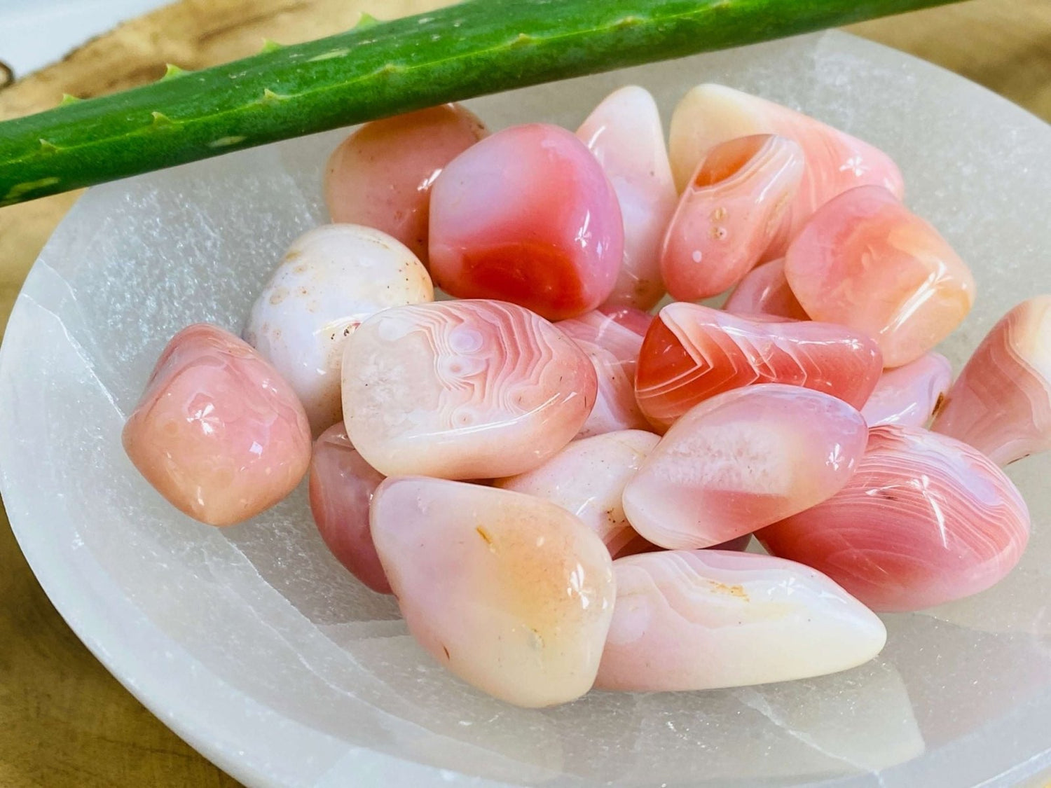 Aprikosen Achat Trommelsteine in weißer Selenit Schale