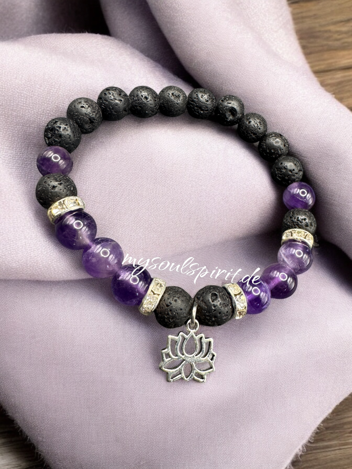 Lava Amethyst Bracelet with Lotus Flower 8 mm silver-colored