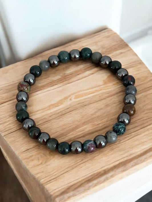 Heilsteinarmband „Blutarmut und Eisenmangel“ - Hämatit, Smaragd und Heliotrop