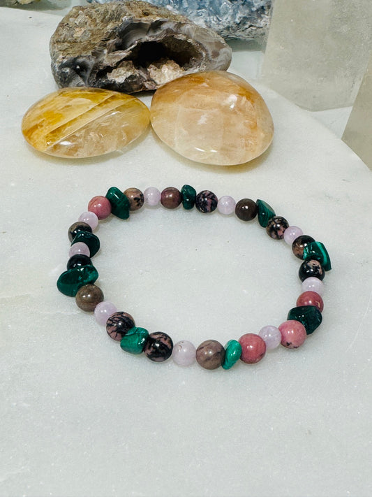 Bracelet "PAIN" kunzite, malachite, rhodonite and sugilite