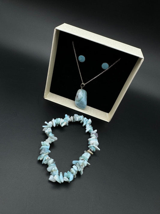 LARIMAR - Set mit Splitter - Armband, Kettenanhänger und Ohrstecker in Geschenkbox - Armband