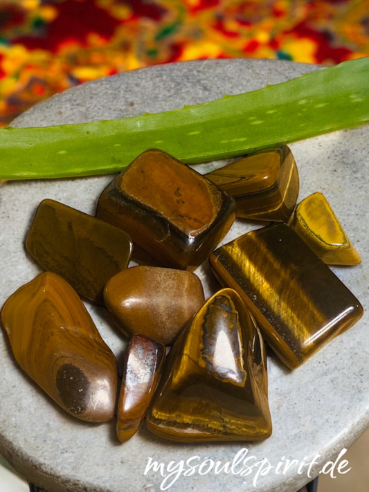 Trommelsteine aus Tigerauf auf glattem Stein mit einem Aloe Vera blatt dekoriert