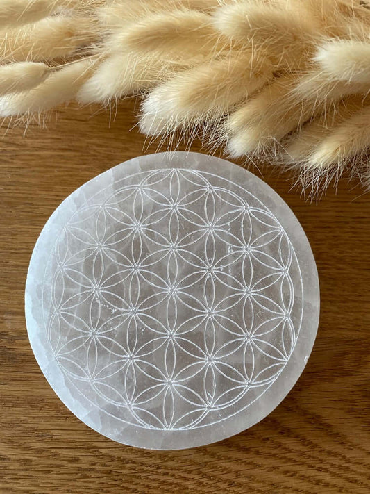 Selenite healing crystal loading plate small with flower of life