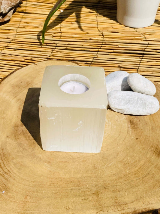 Selenite tea light cube 8.5 x 8.5 cm